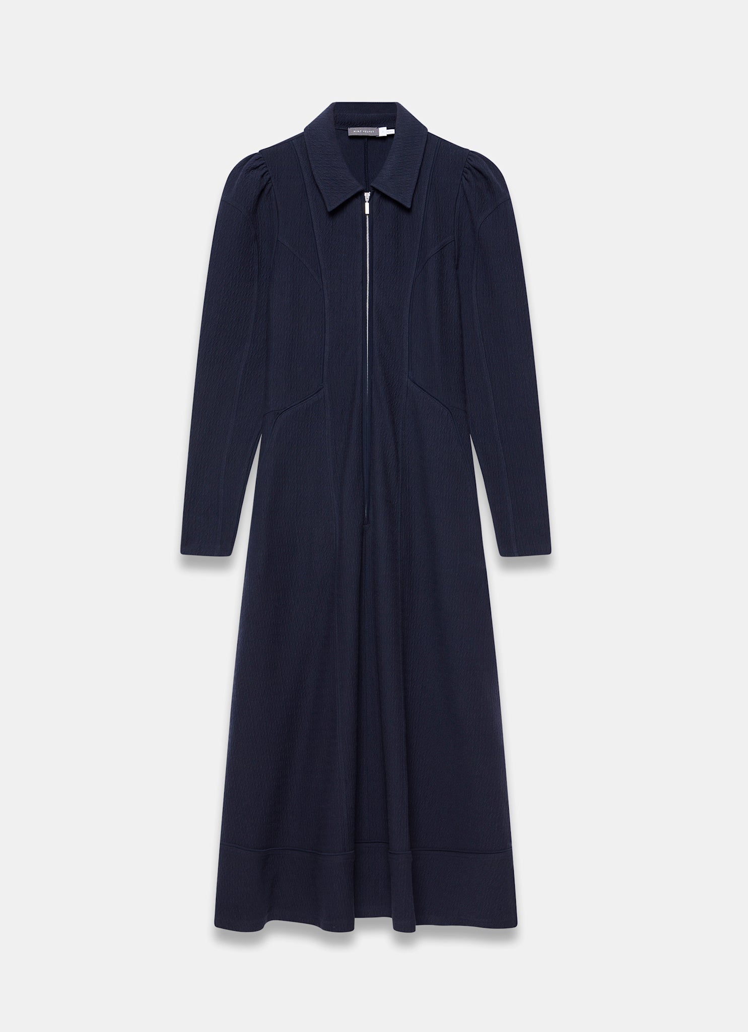 Navy Textured Zip Detail Midi Dress