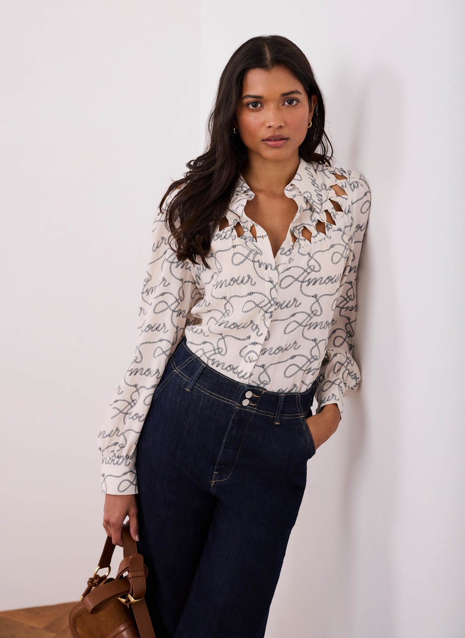 Cream Amour Print Bow Shirt