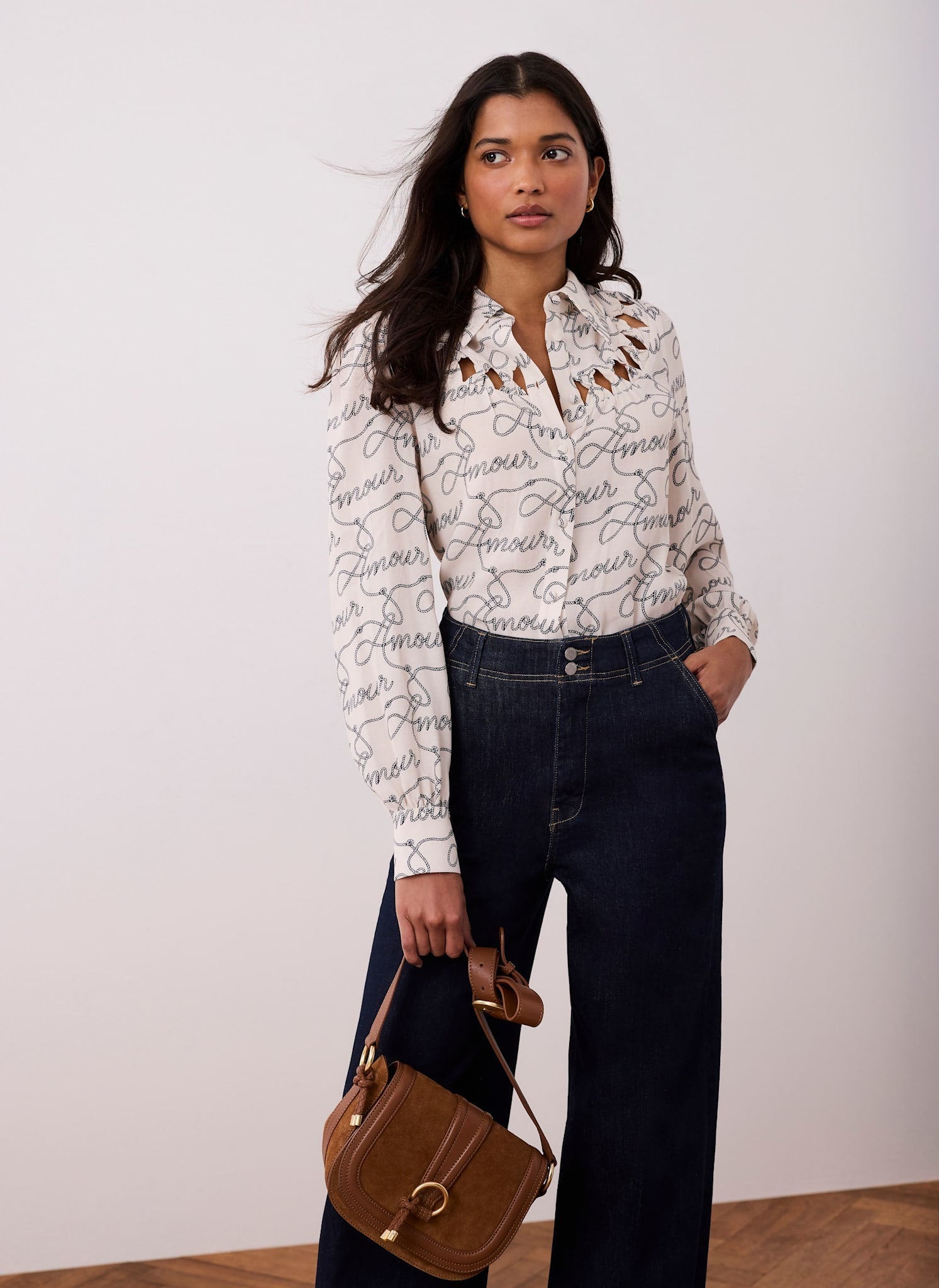 Cream Amour Print Bow Shirt
