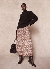 Brown Snake Print Midi Skirt