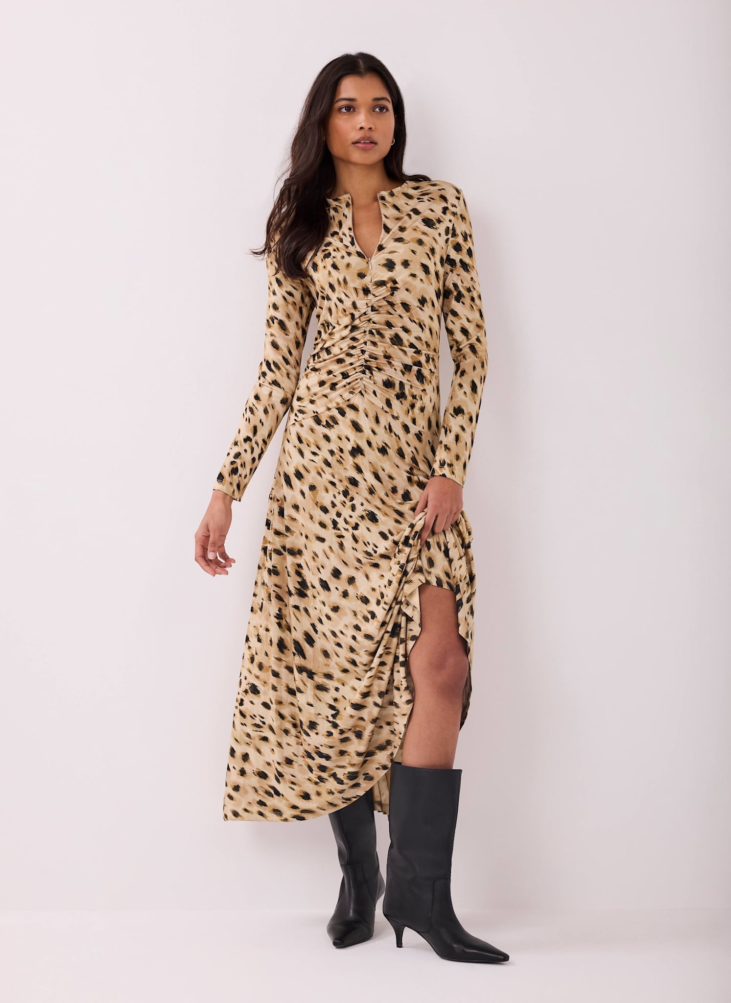 Animal Print Zip Jersey Midi Dress