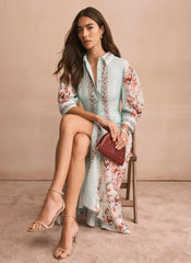 Blue Floral Print Midi Shirt Dress