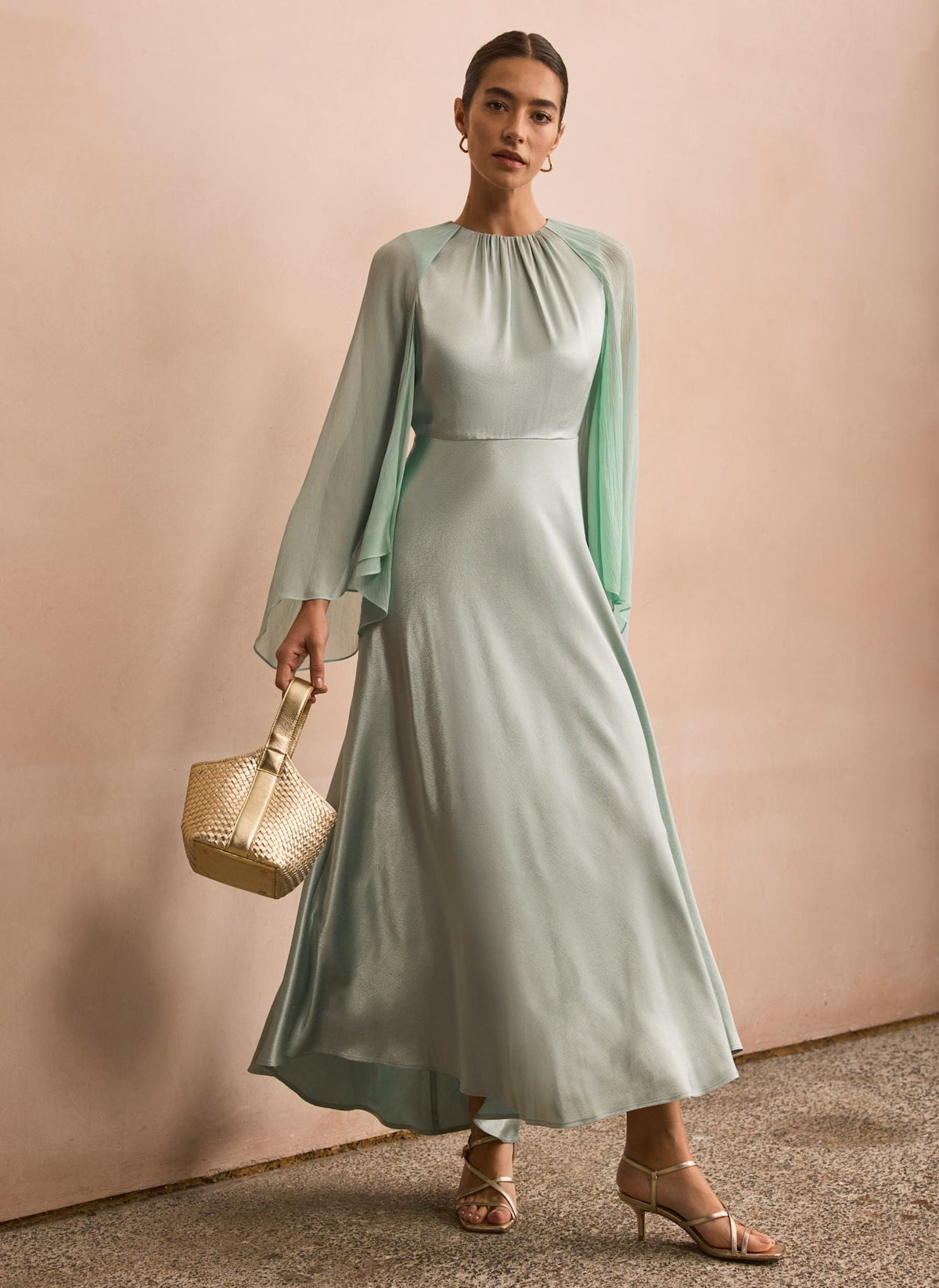 Blue Satin Cape Maxi Dress