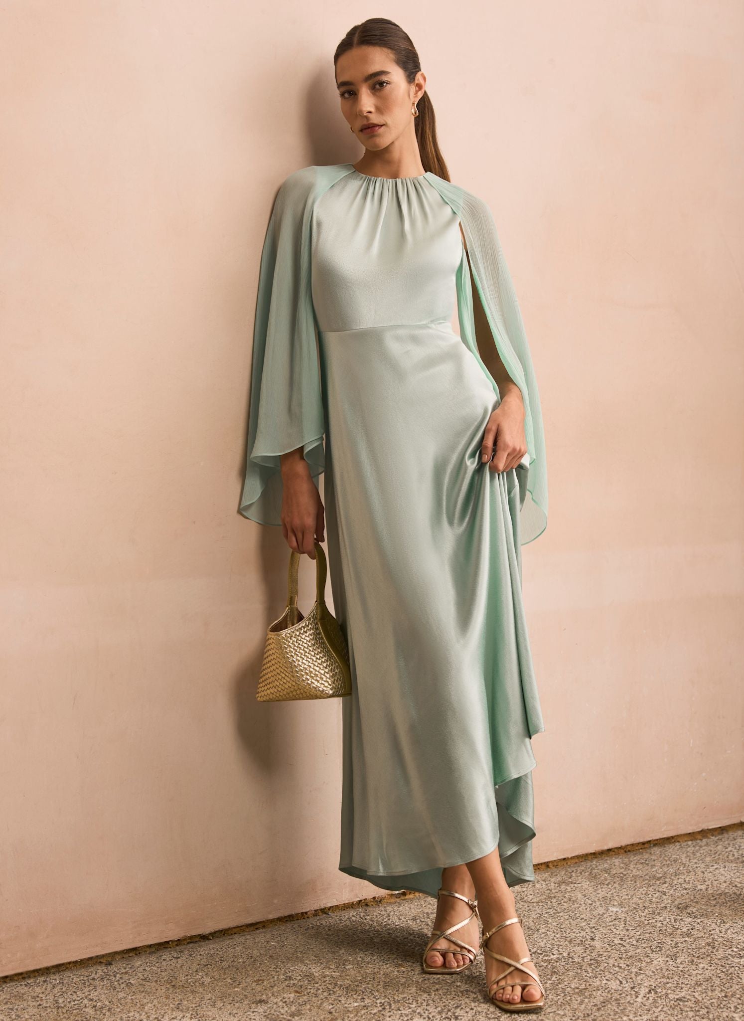 Blue Satin Cape Maxi Dress