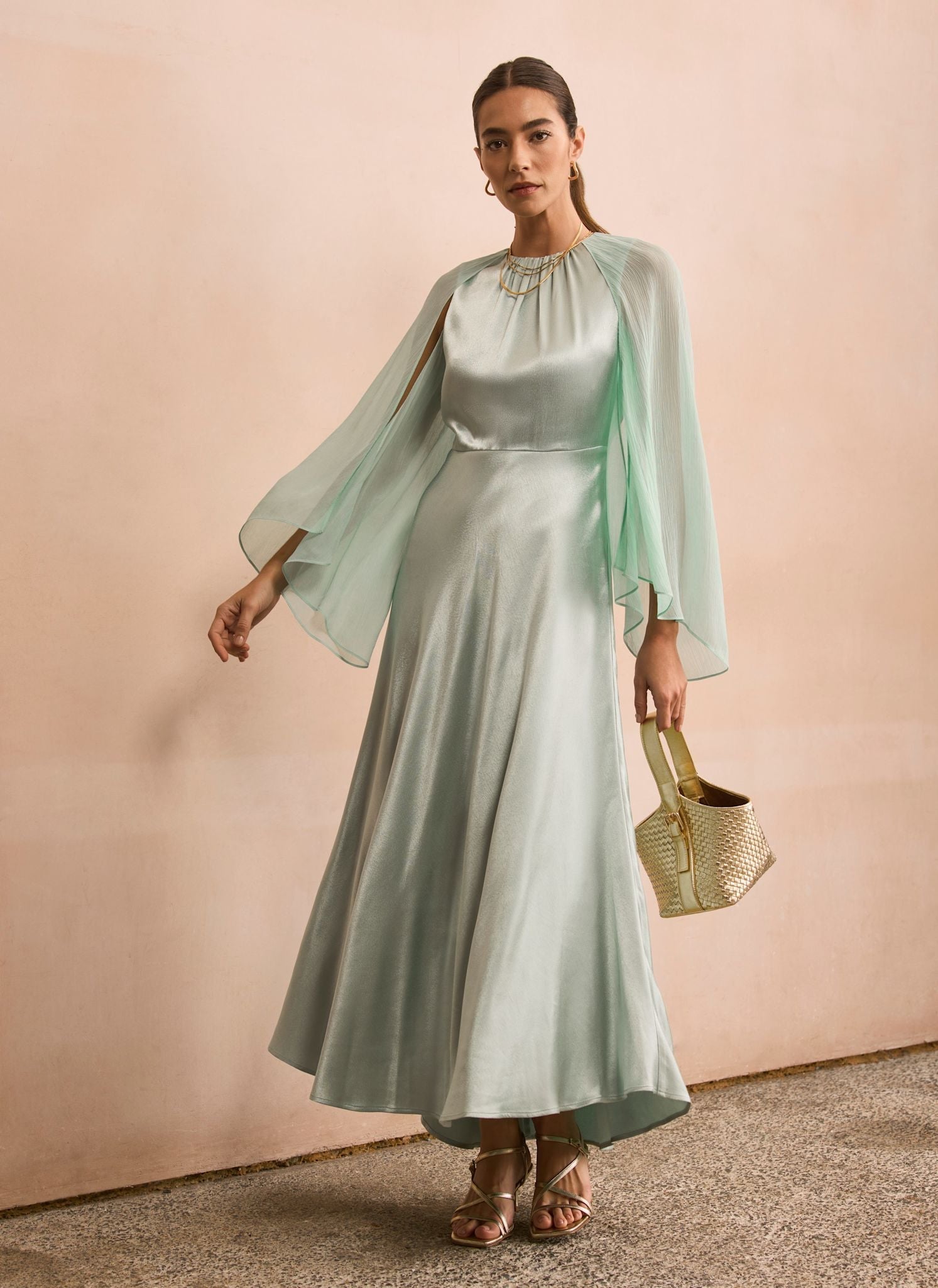 Blue Satin Cape Maxi Dress