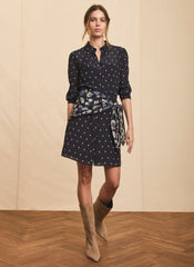 Navy Print Scarf Detail Mini Dress
