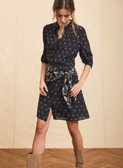 Navy Print Scarf Detail Mini Dress