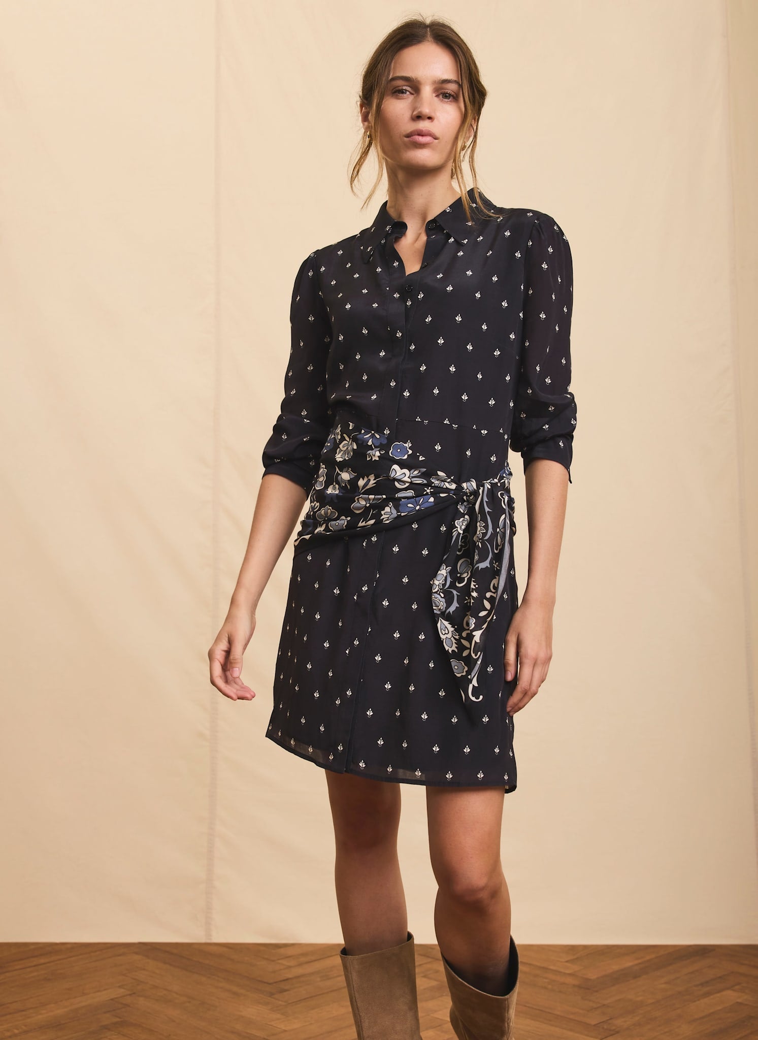 Navy Print Scarf Detail Mini Dress