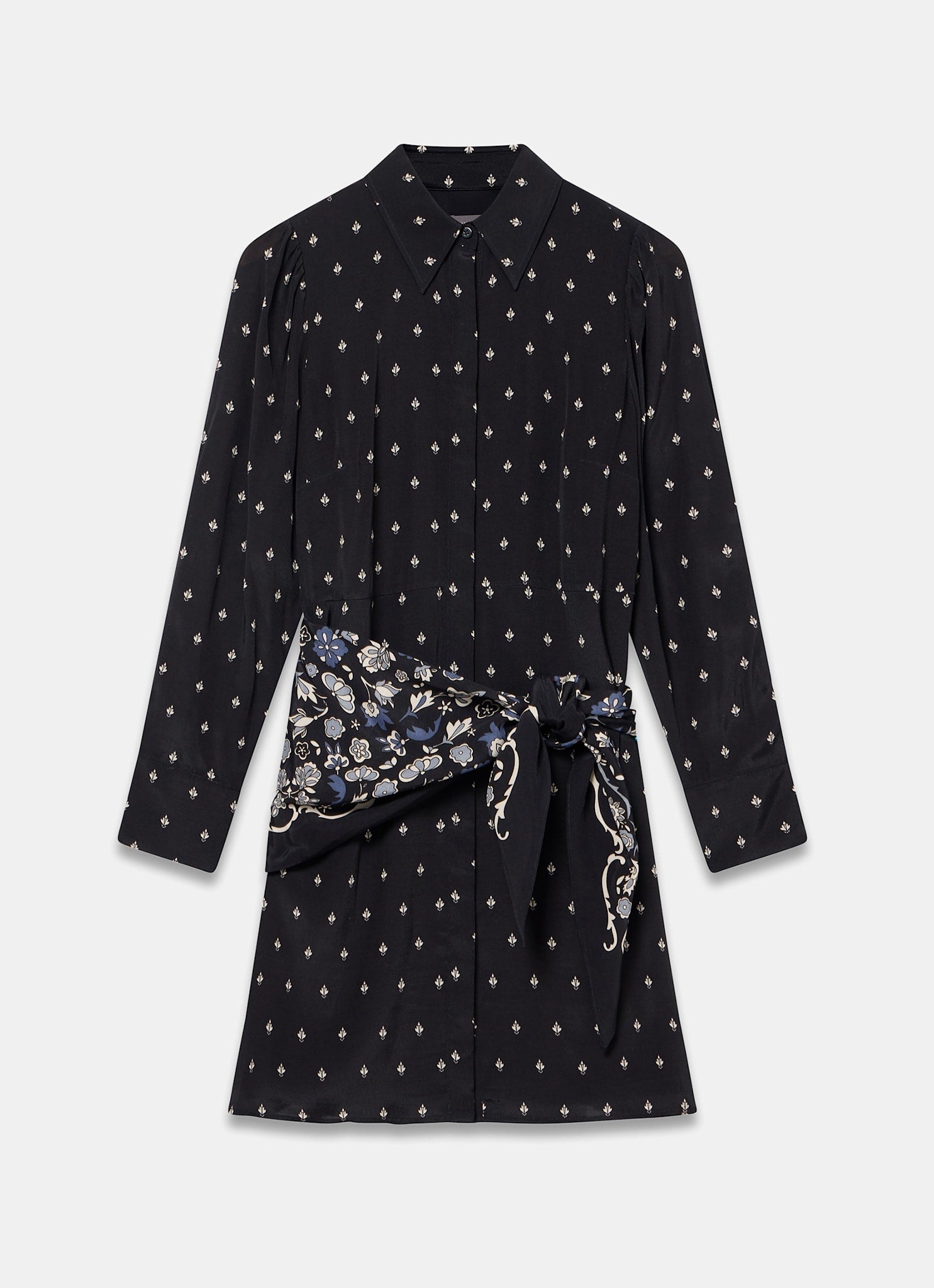 Navy Print Scarf Detail Mini Dress