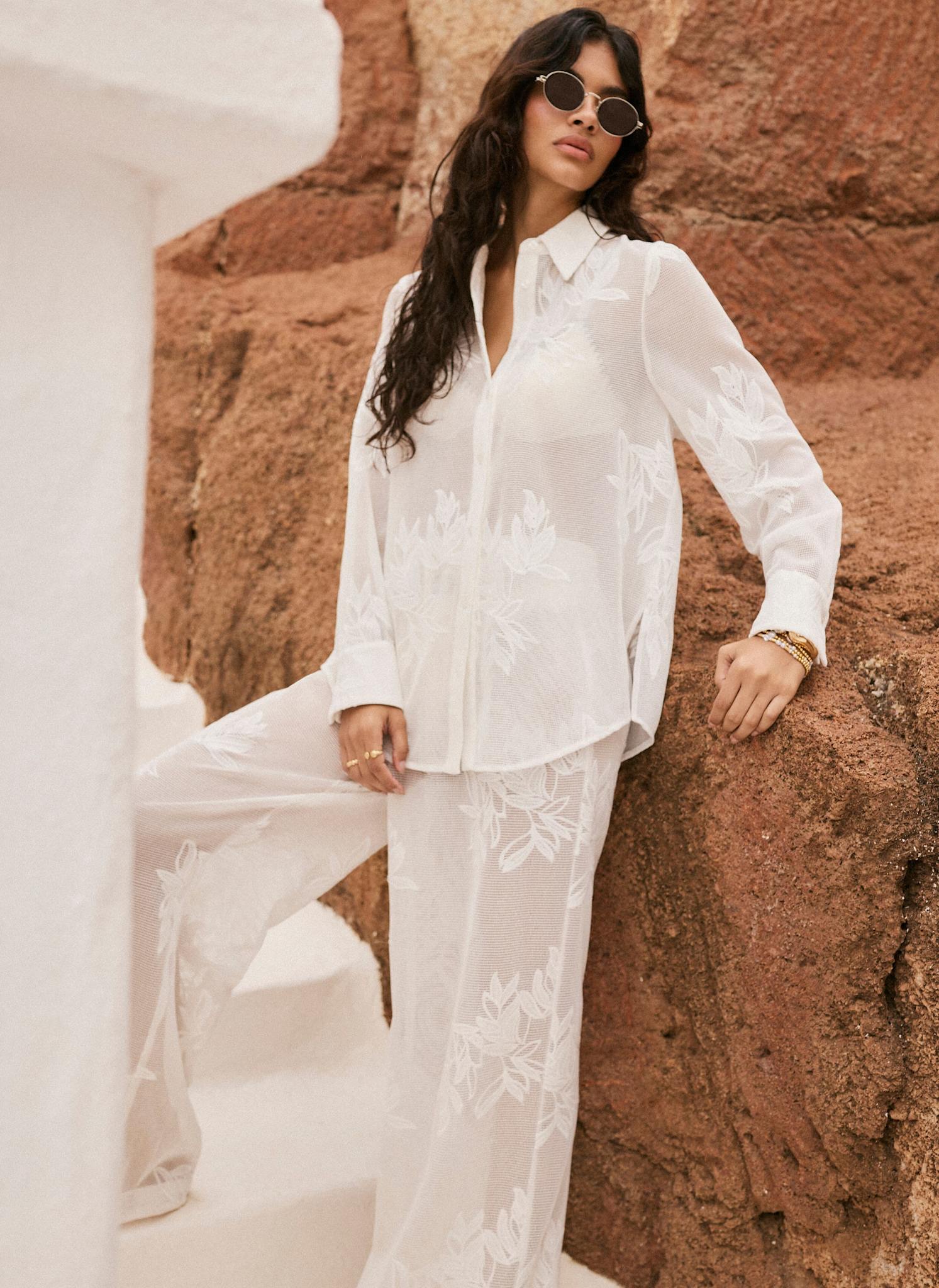 White Floral Detail Mesh Trousers