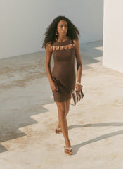 Brown Linen Beaded Mini Dress