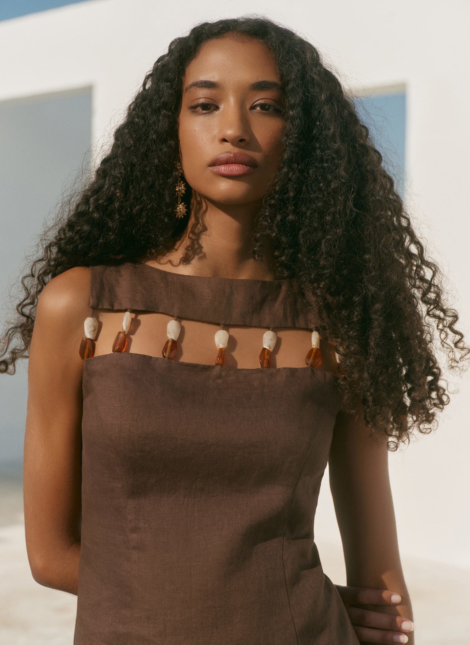 Brown Linen Beaded Mini Dress