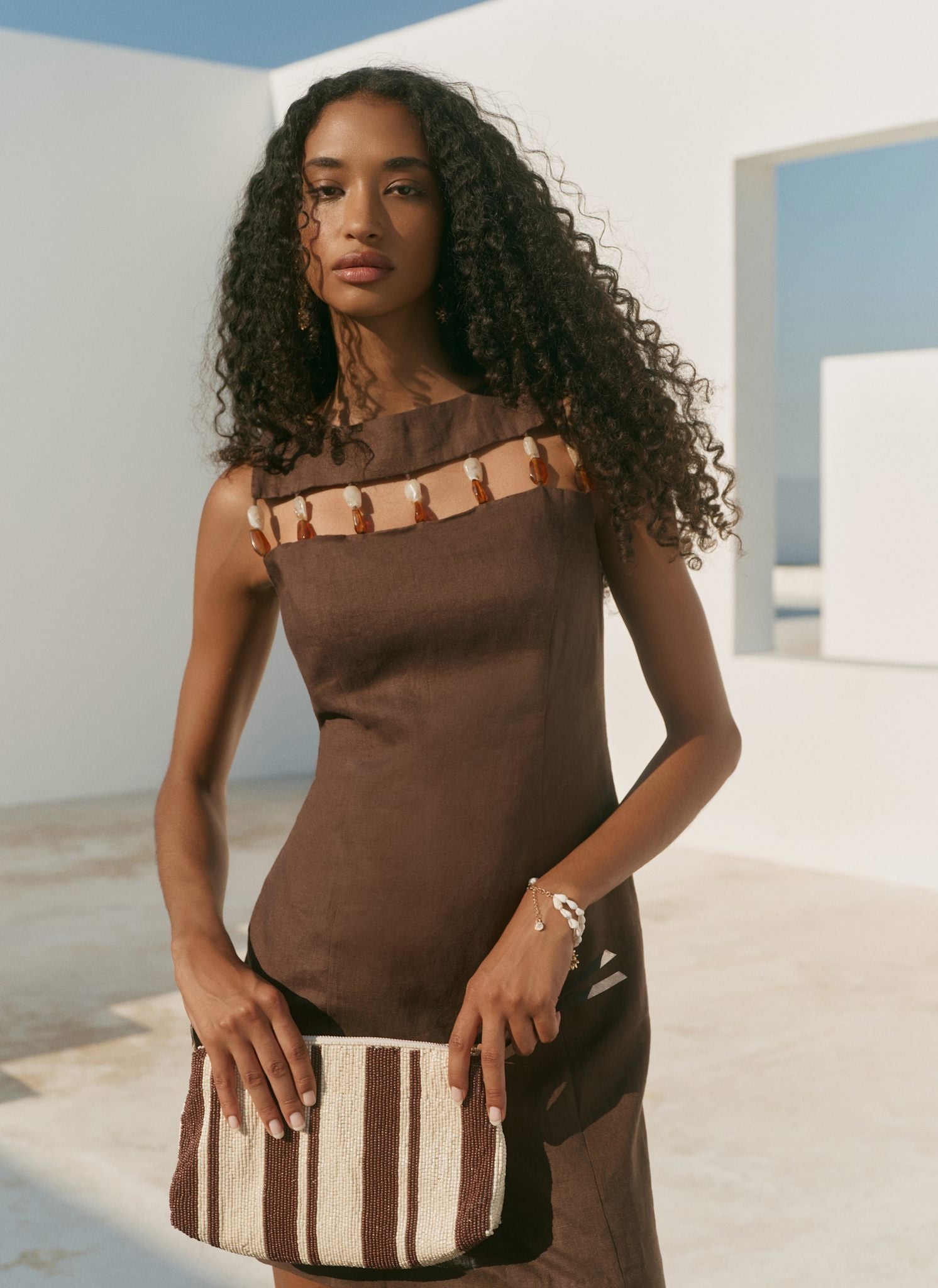 Brown Linen Beaded Mini Dress