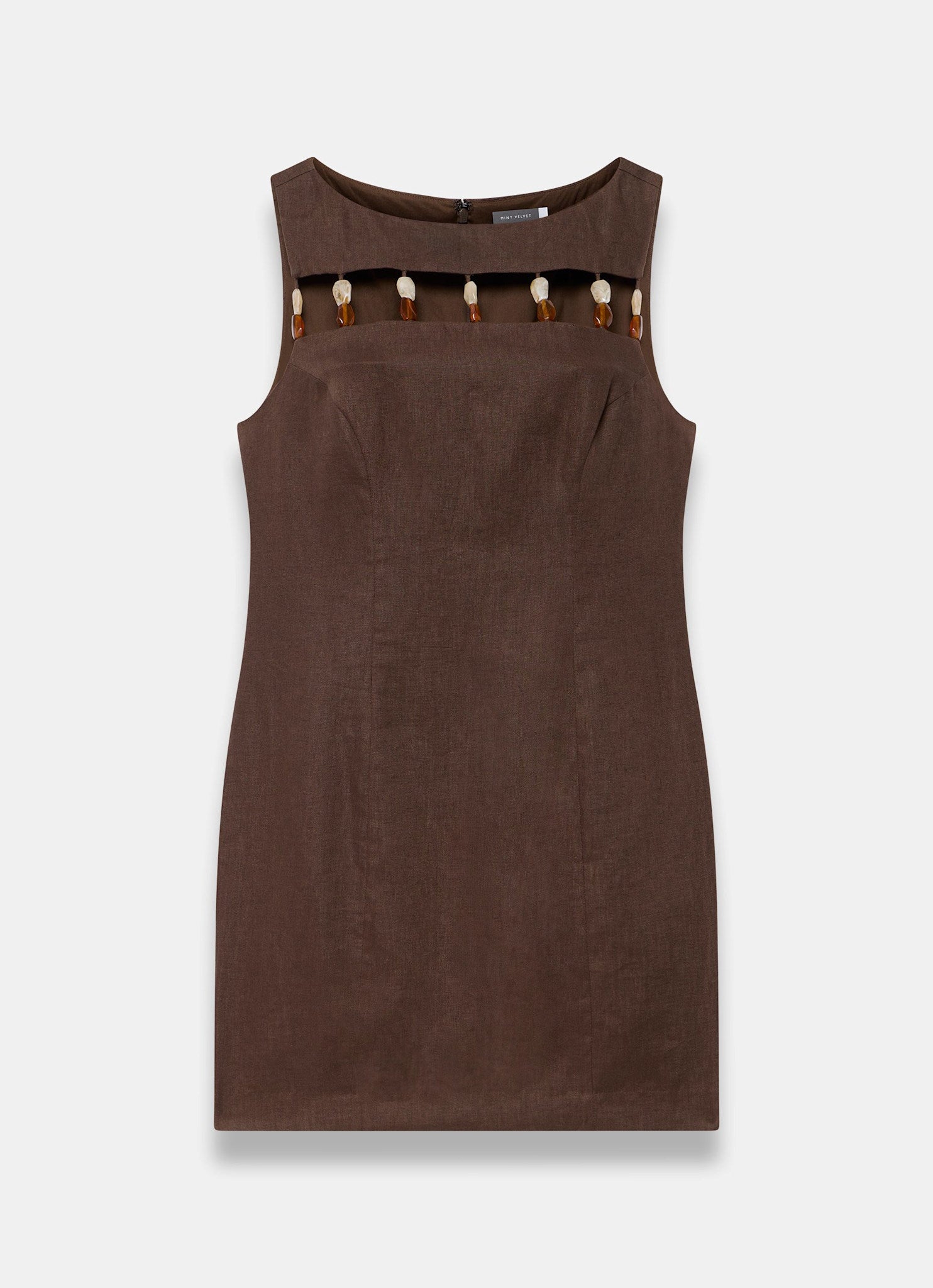 Brown Linen Beaded Mini Dress