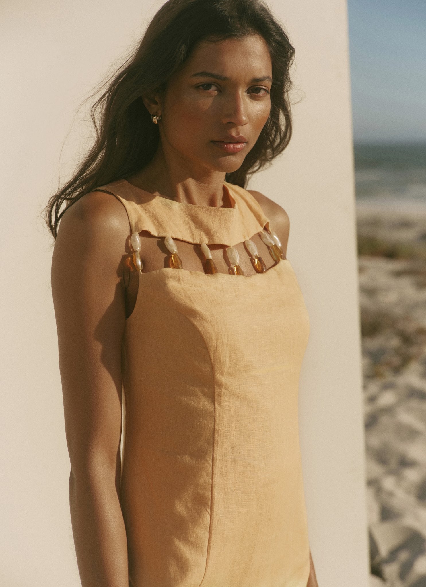 Yellow Linen Beaded Mini Dress