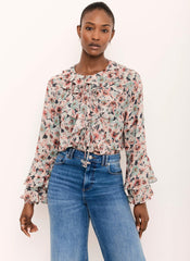 Green Floral Print Ruffle Blouse