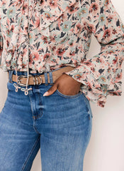 Green Floral Print Ruffle Blouse