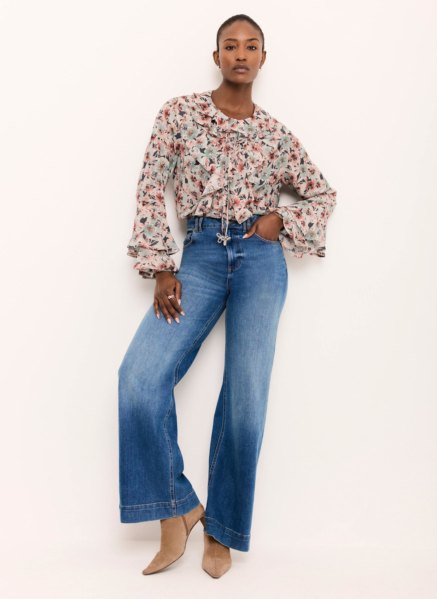 Green Floral Print Ruffle Blouse