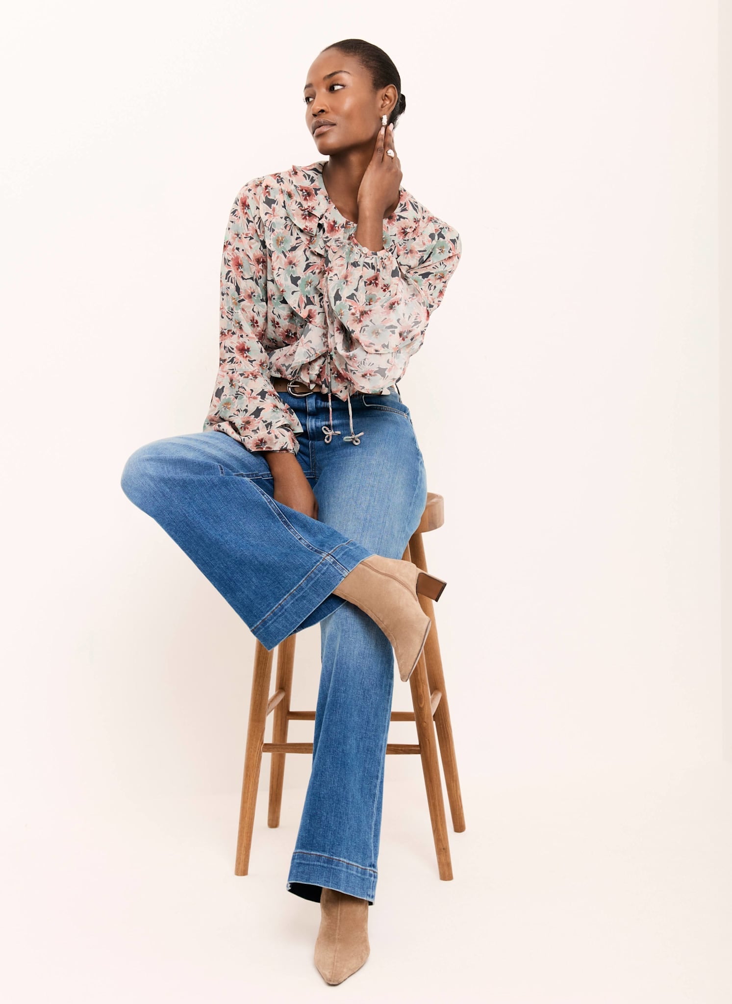 Green Floral Print Ruffle Blouse