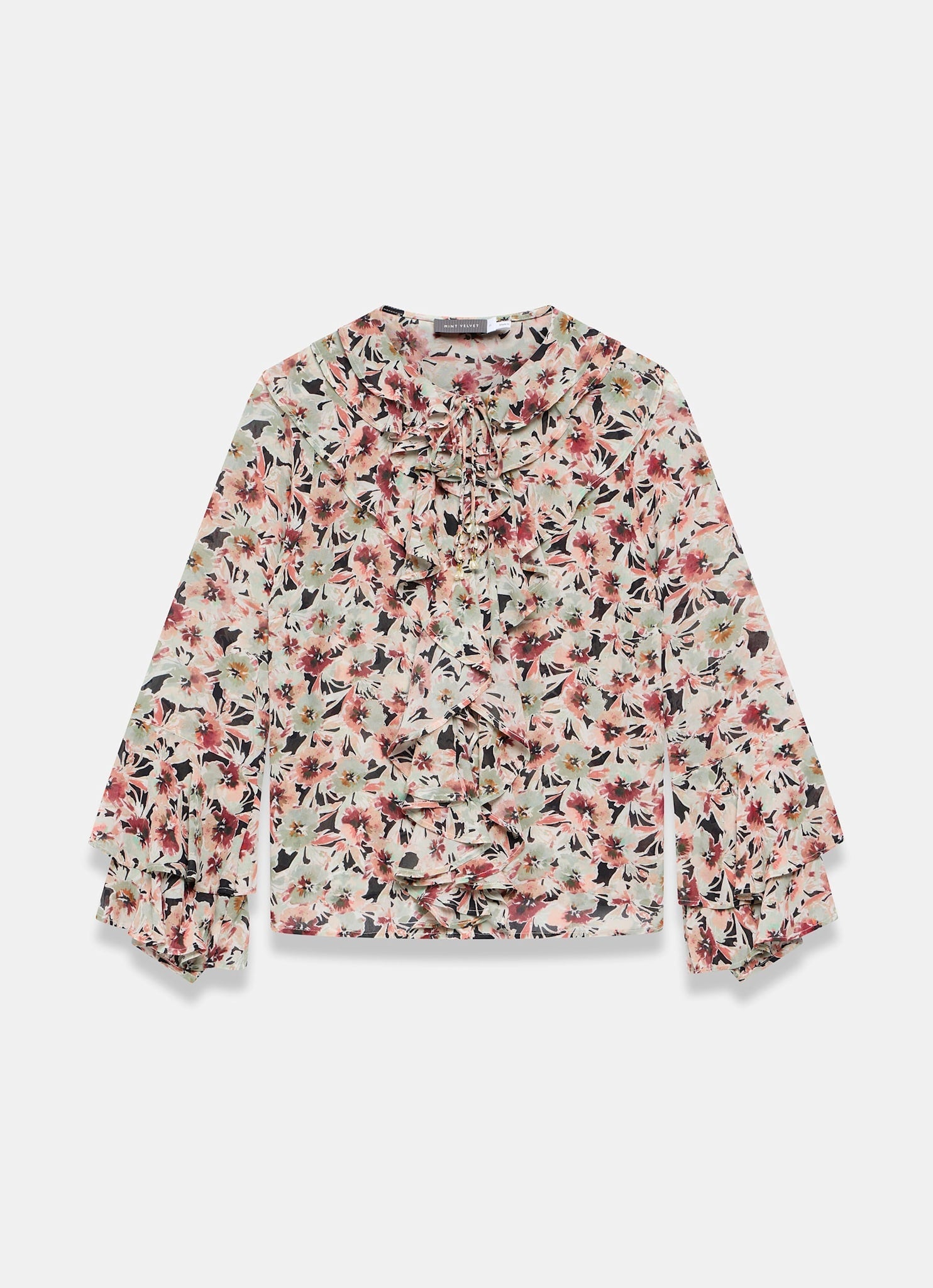 Green Floral Print Ruffle Blouse