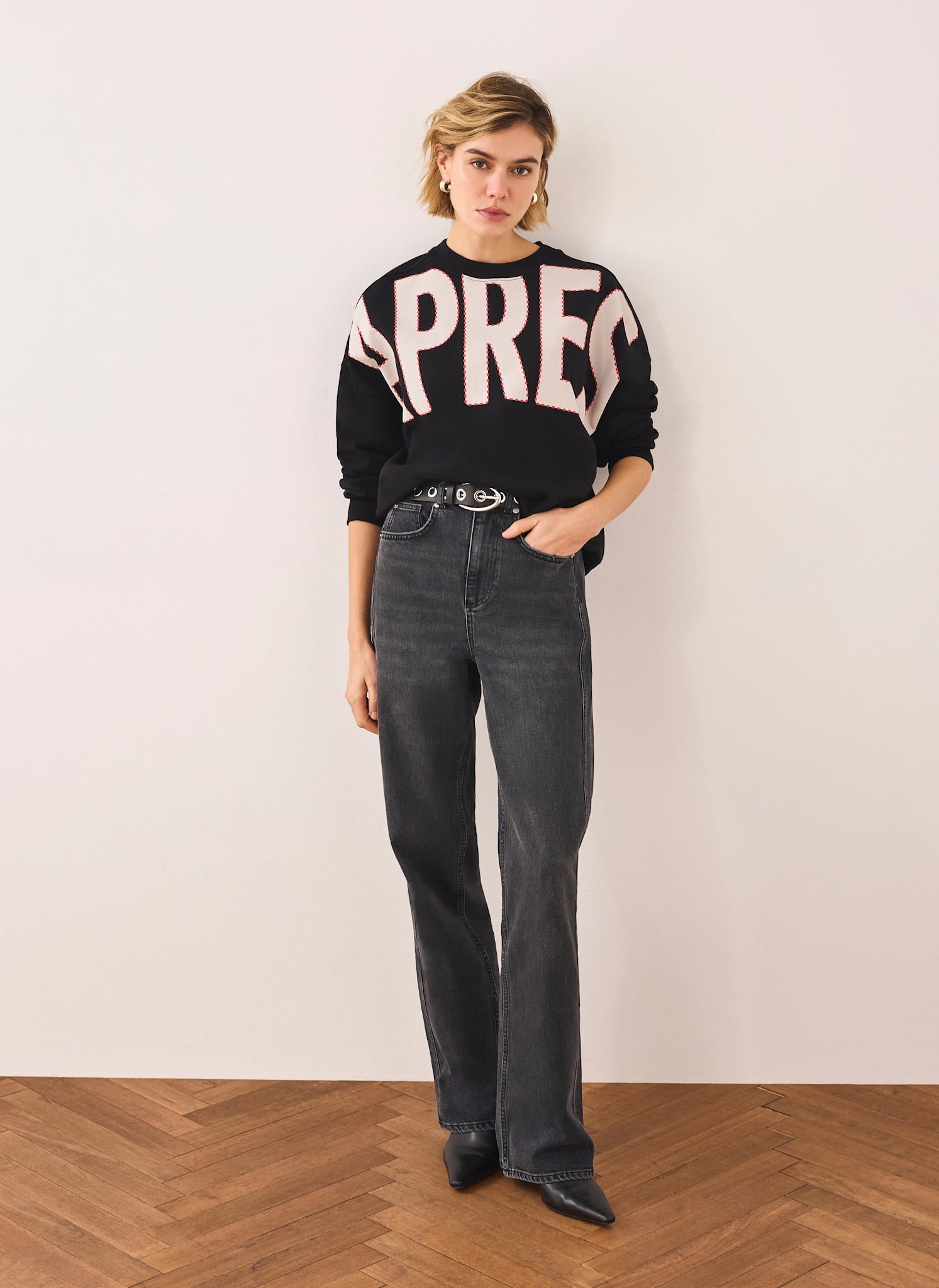 Black Cotton Blend Graphic Apres Sweatshirt