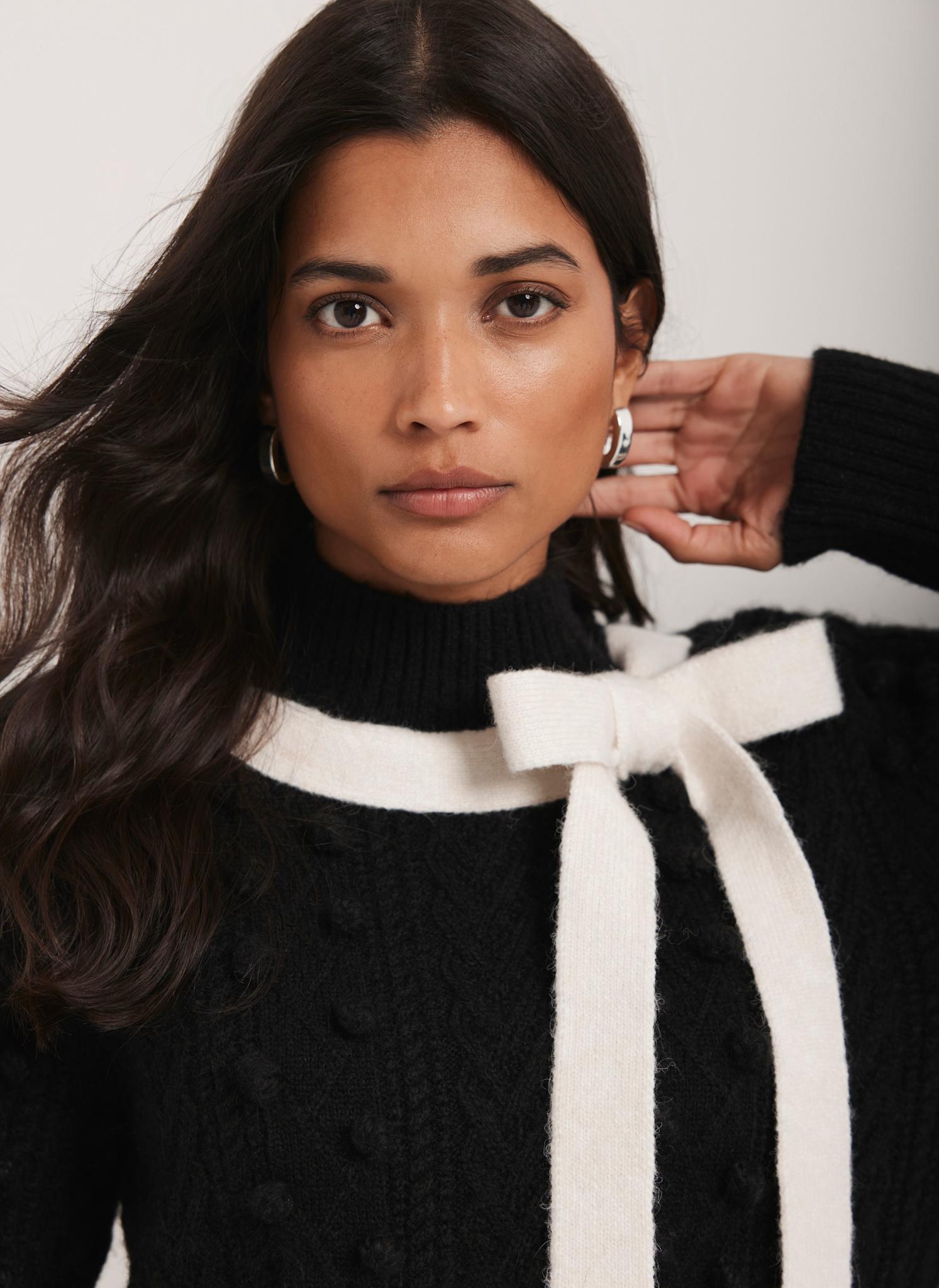 Black Bow Detail Cable Knit Mini Dress