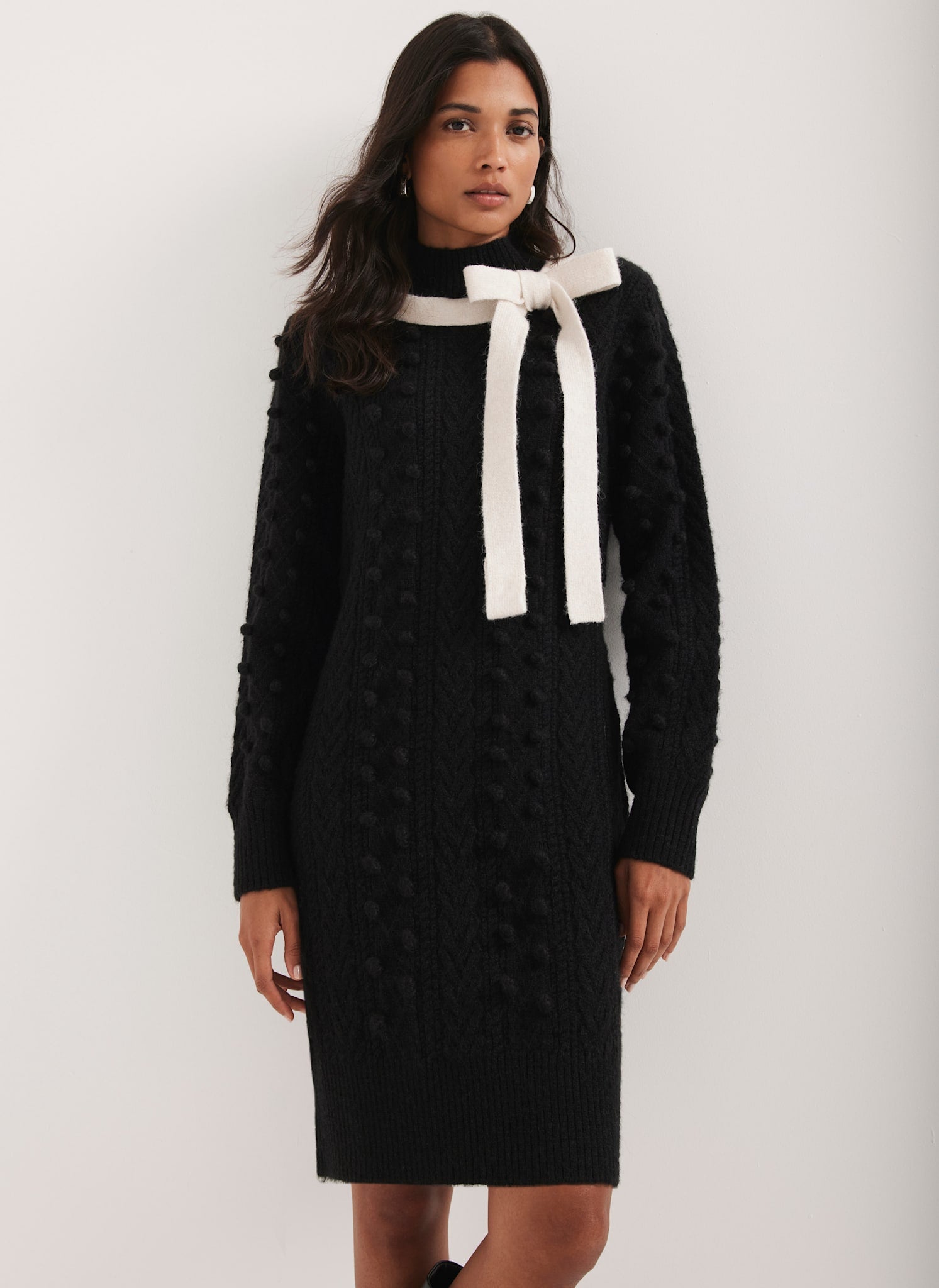 Black Bow Detail Cable Knit Mini Dress