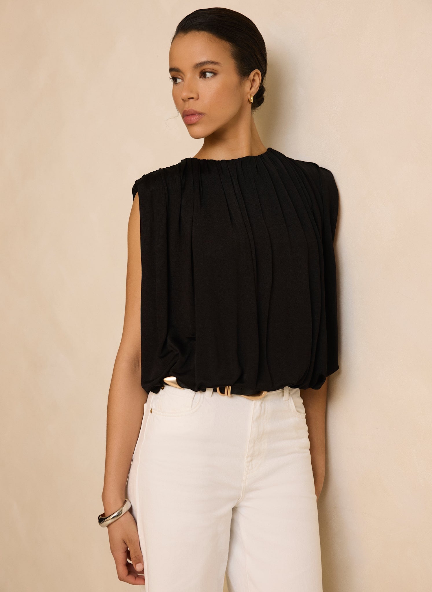 Black Pleated Bubble Hem Top