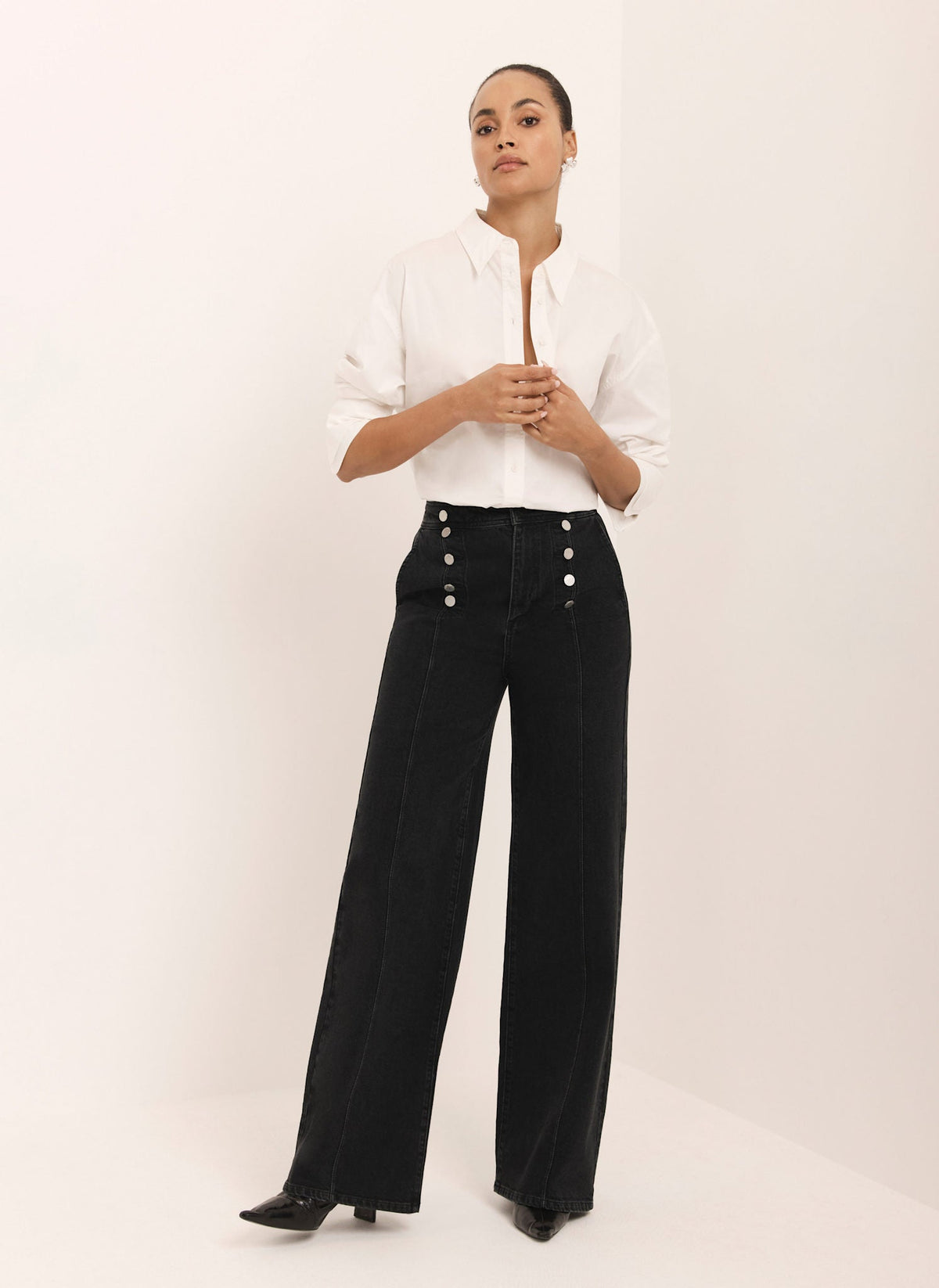 Black Button Detail Wide Jeans