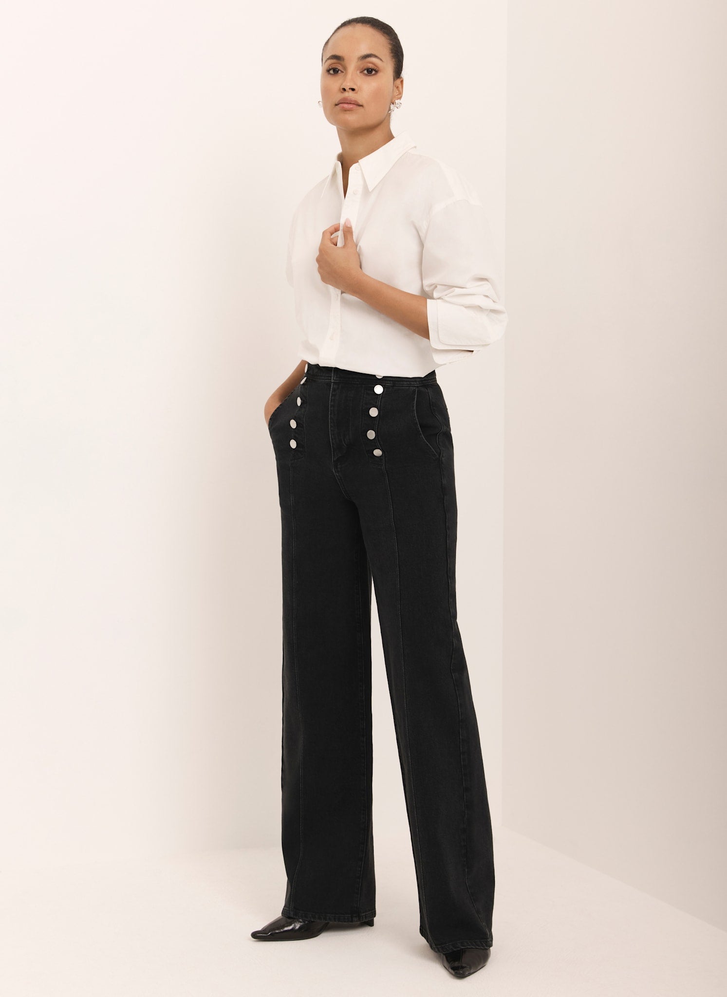 Black Button Detail Wide Jeans