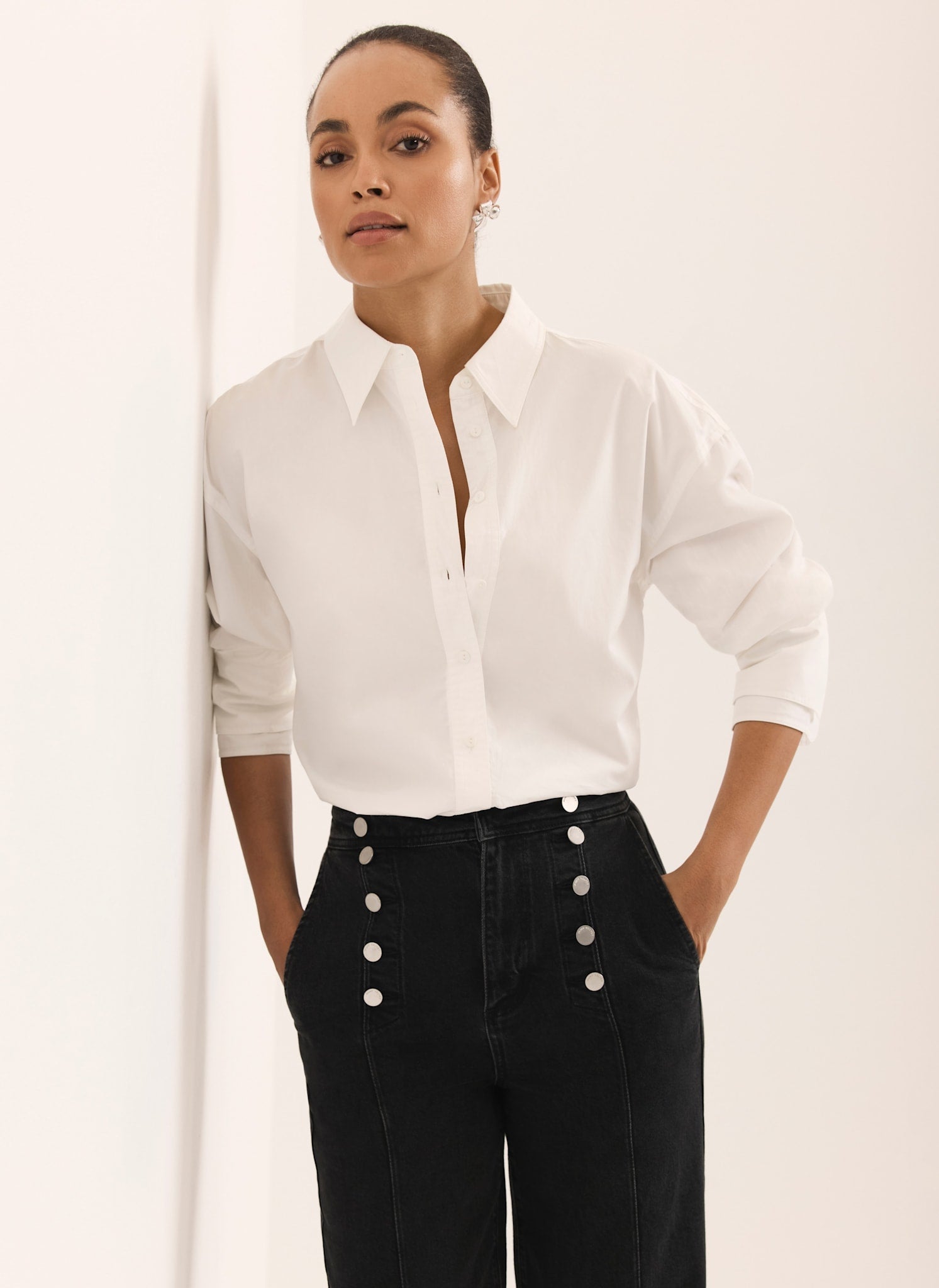 Black Button Detail Wide Jeans
