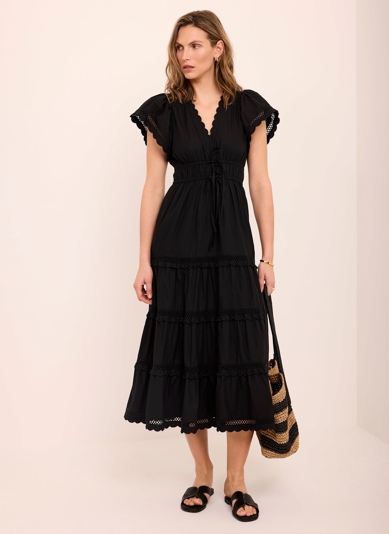 Black Cotton Ruffle Midi Dress