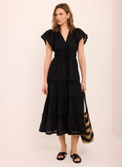 Black Cotton Ruffle Midi Dress
