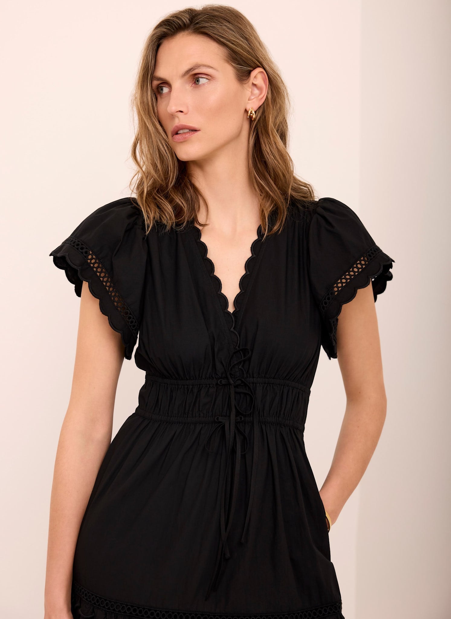 Black Cotton Ruffle Midi Dress