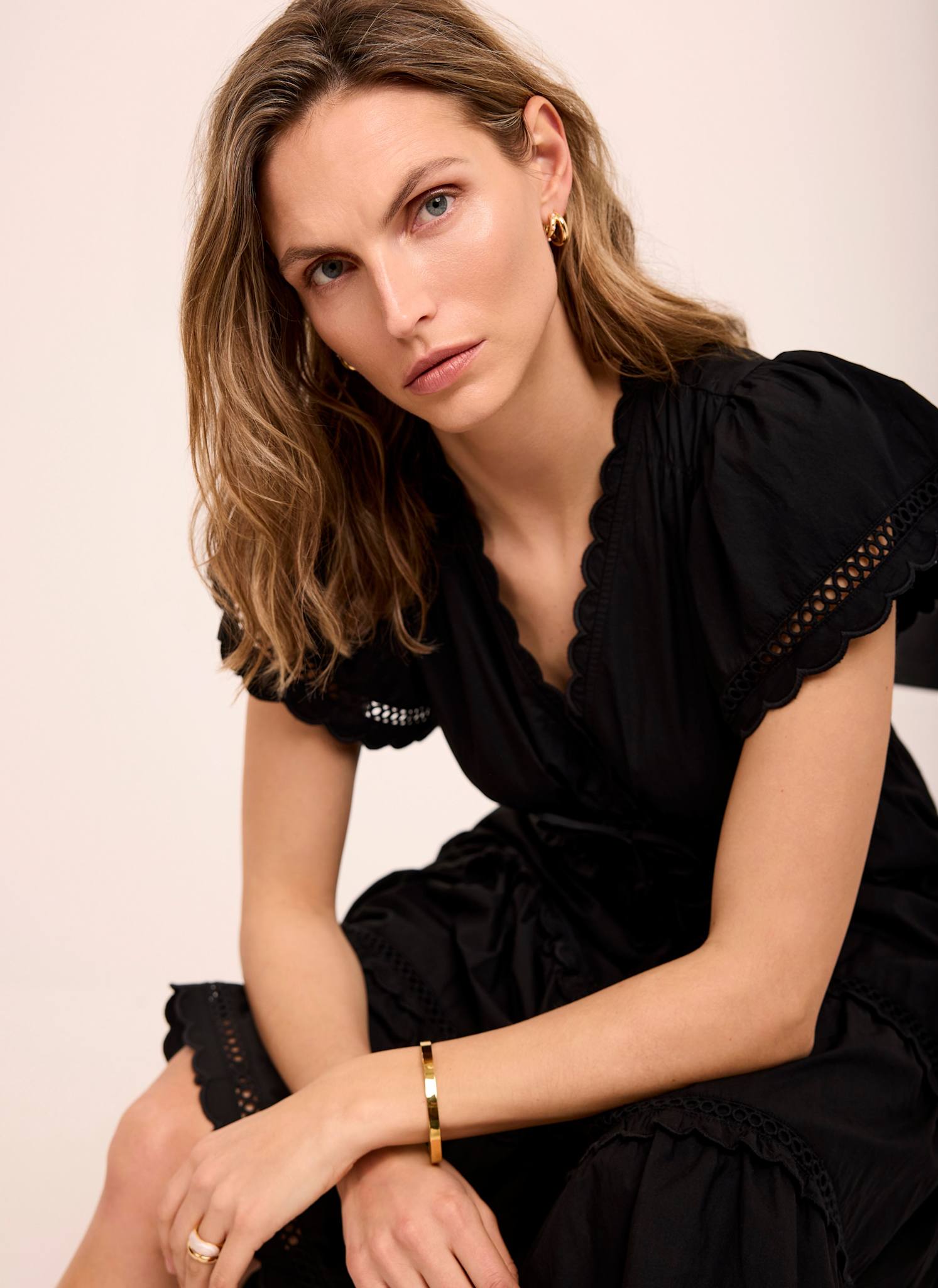Black Cotton Ruffle Midi Dress