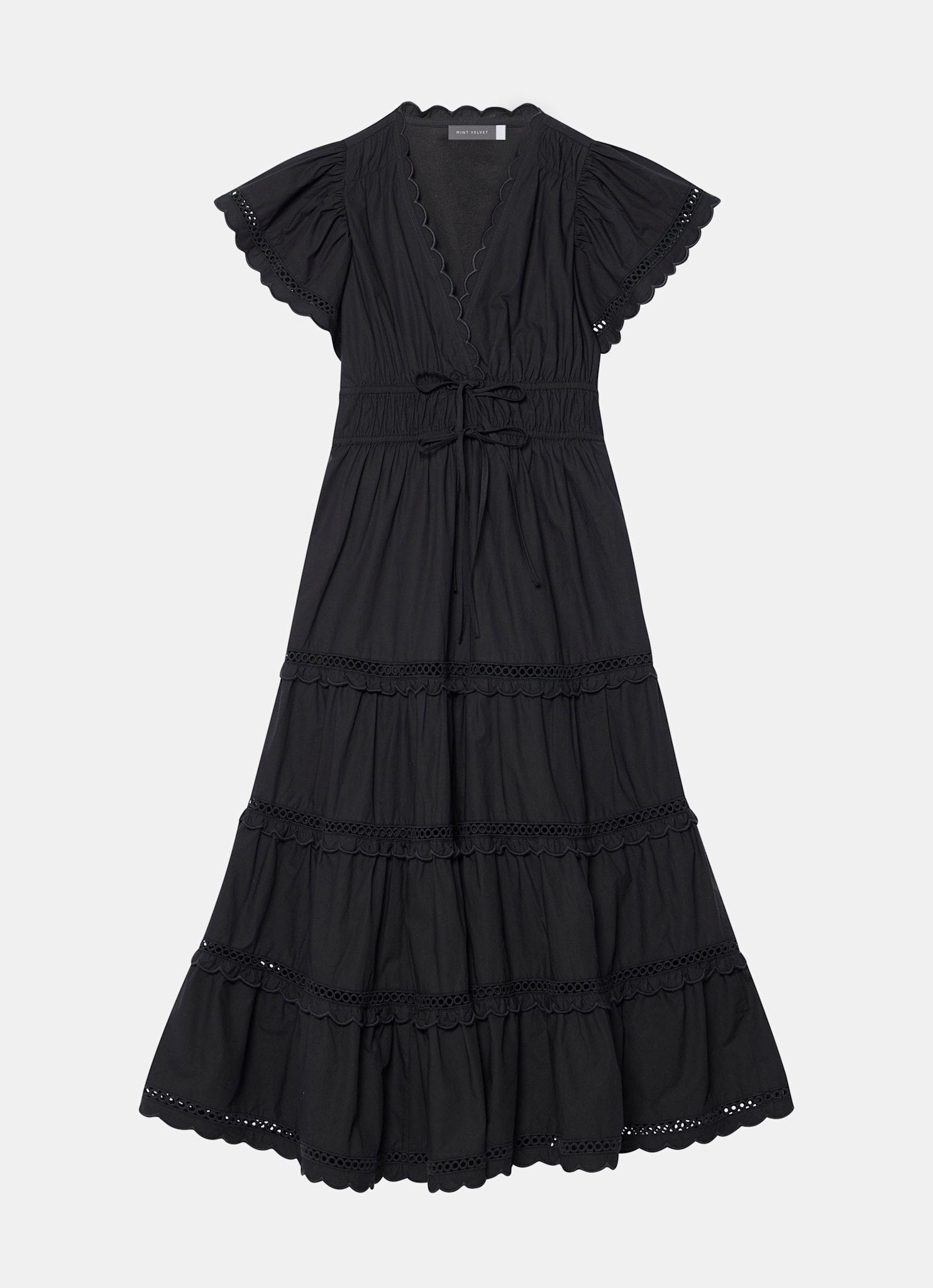 Black Cotton Ruffle Midi Dress