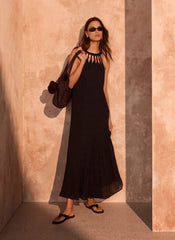 Black Beaded Halter Maxi Dress