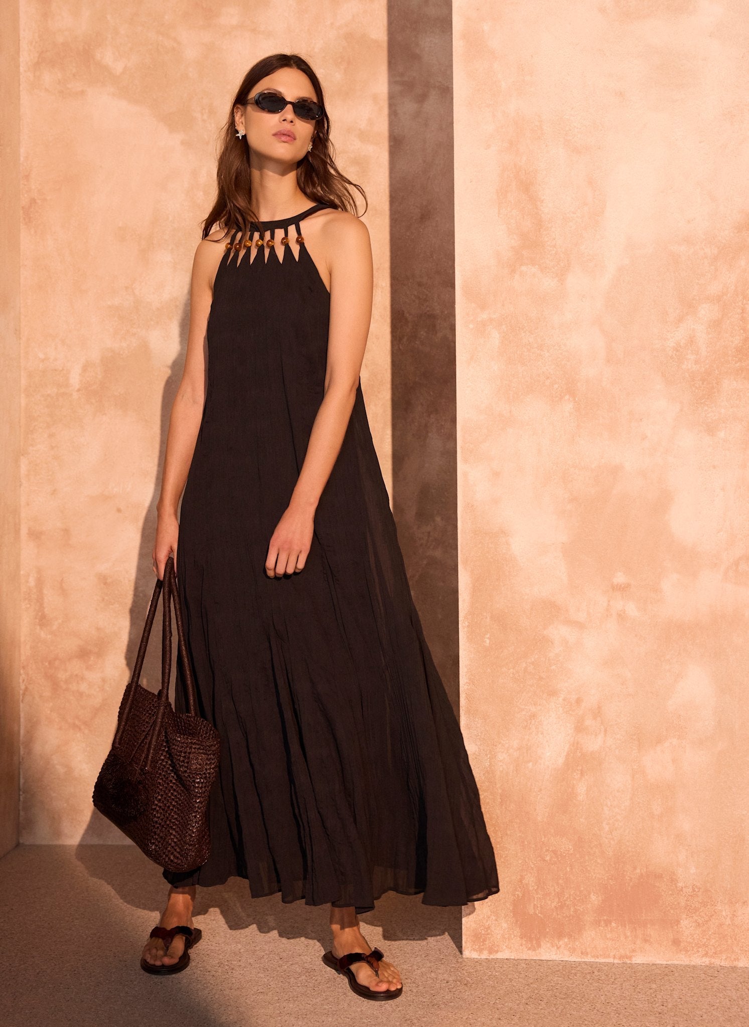 Black Beaded Halter Maxi Dress