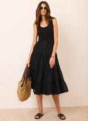 Black Crochet Trim Tiered Midi Dress