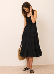 Black Crochet Trim Tiered Midi Dress