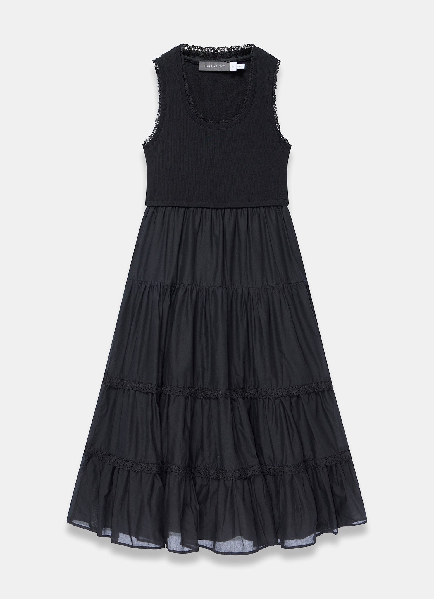 Black Crochet Trim Tiered Midi Dress