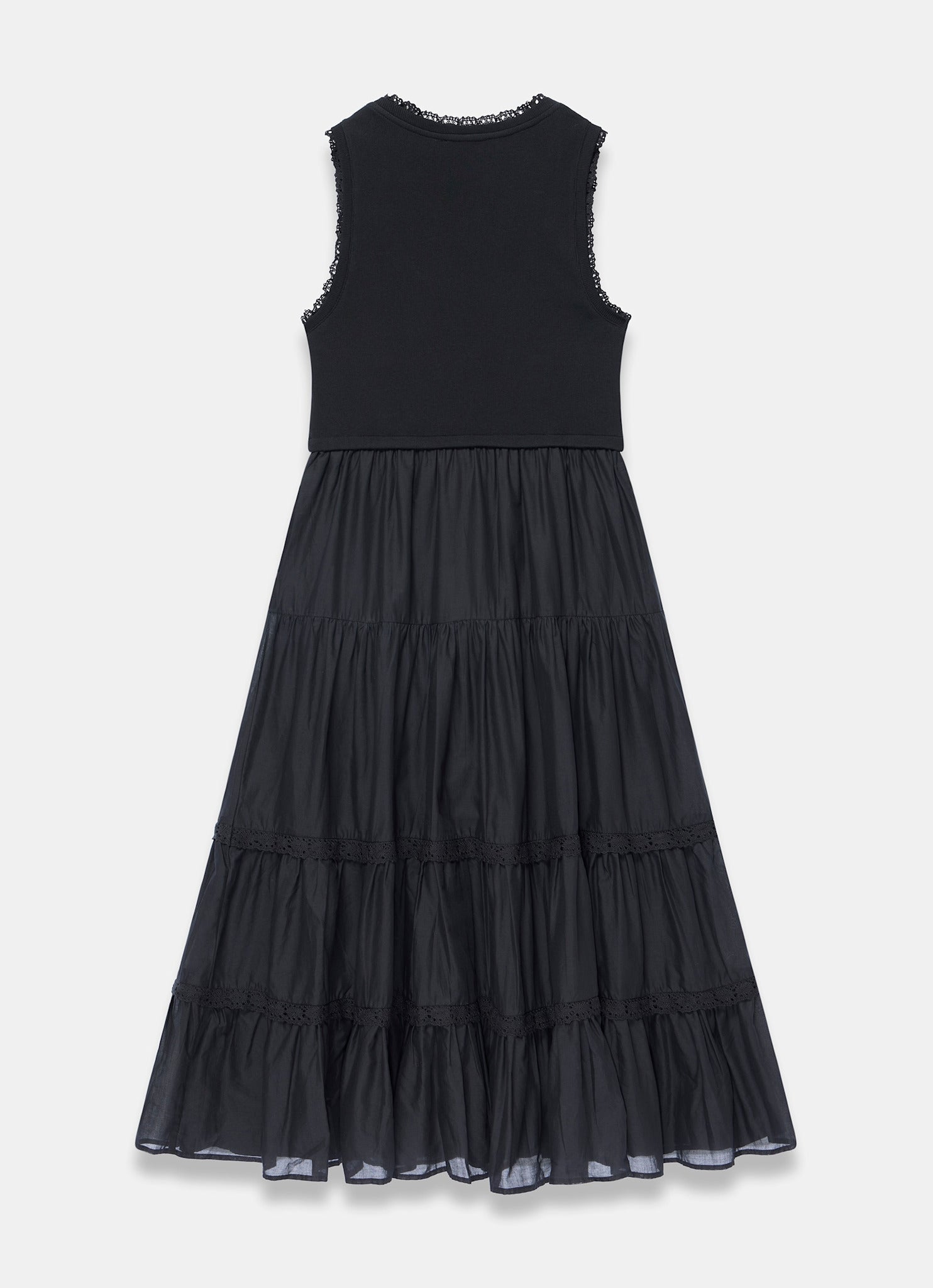 Black Crochet Trim Tiered Midi Dress