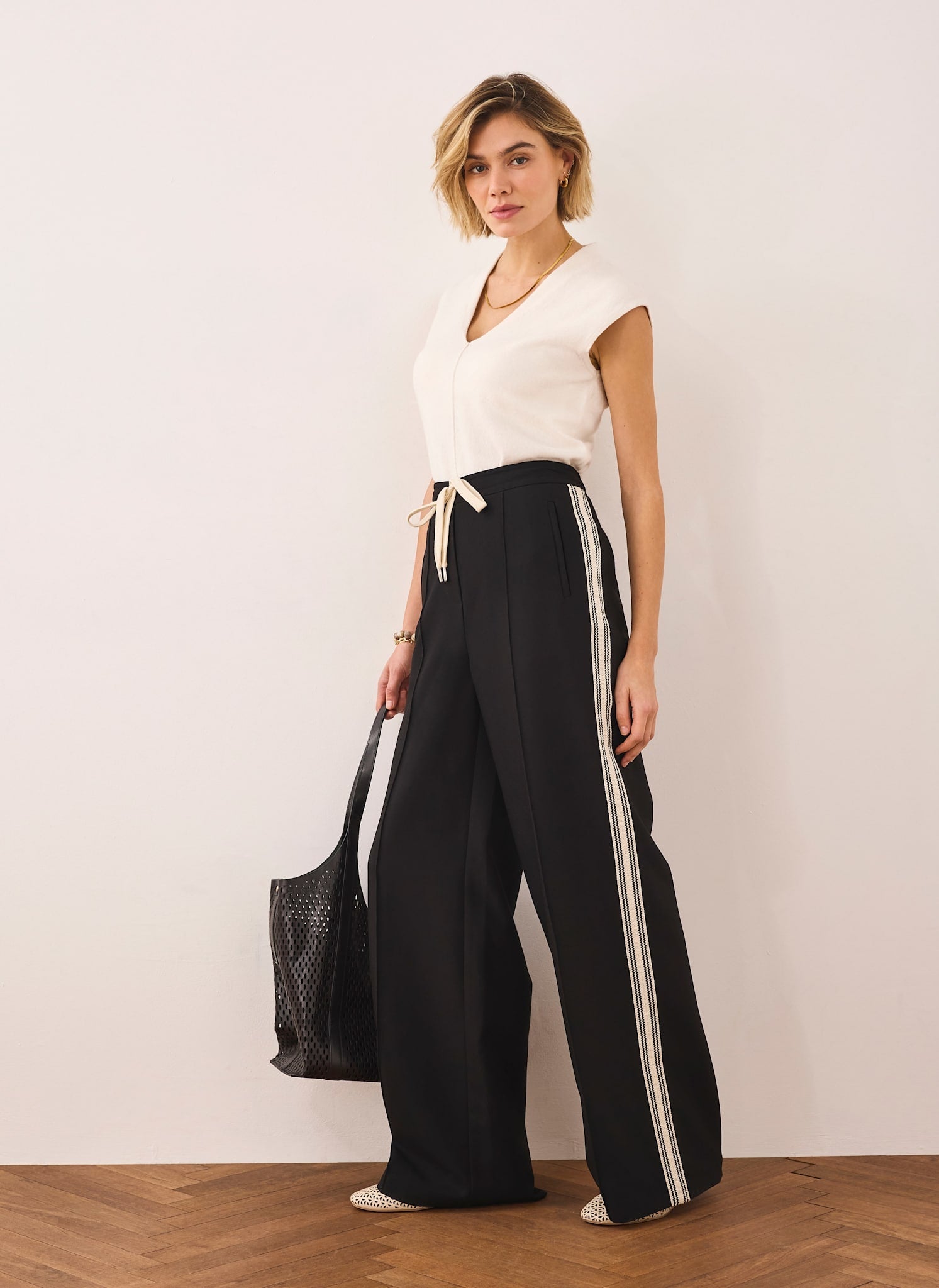 Black Crochet Side Stripe Wide Trousers