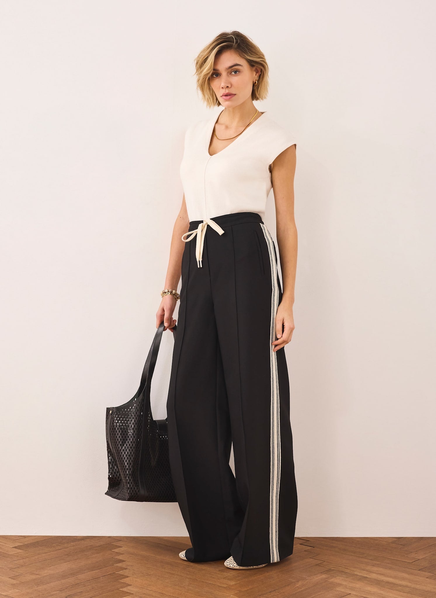 Black Crochet Side Stripe Wide Trousers