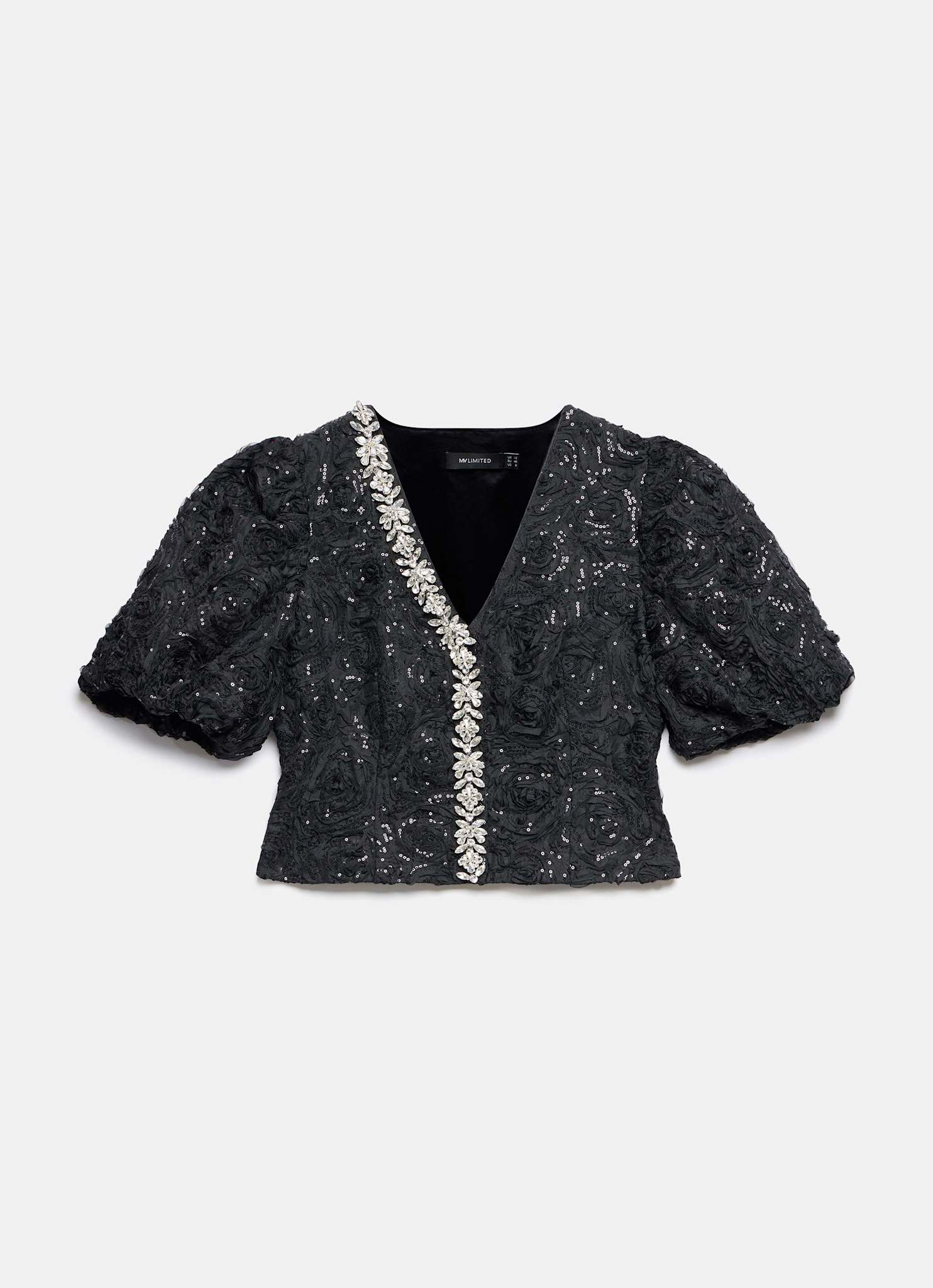 Black Embellished Puff Sleeve Sequin Top