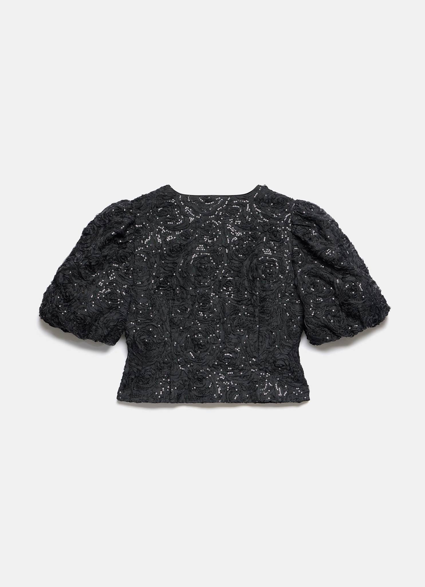 Black Embellished Puff Sleeve Sequin Top