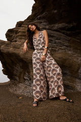 Neutral Satin Geo Print Wide Leg Trousers