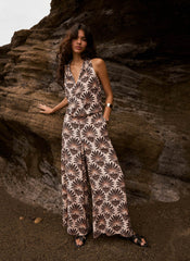 Neutral Satin Geo Print Wide Leg Trousers
