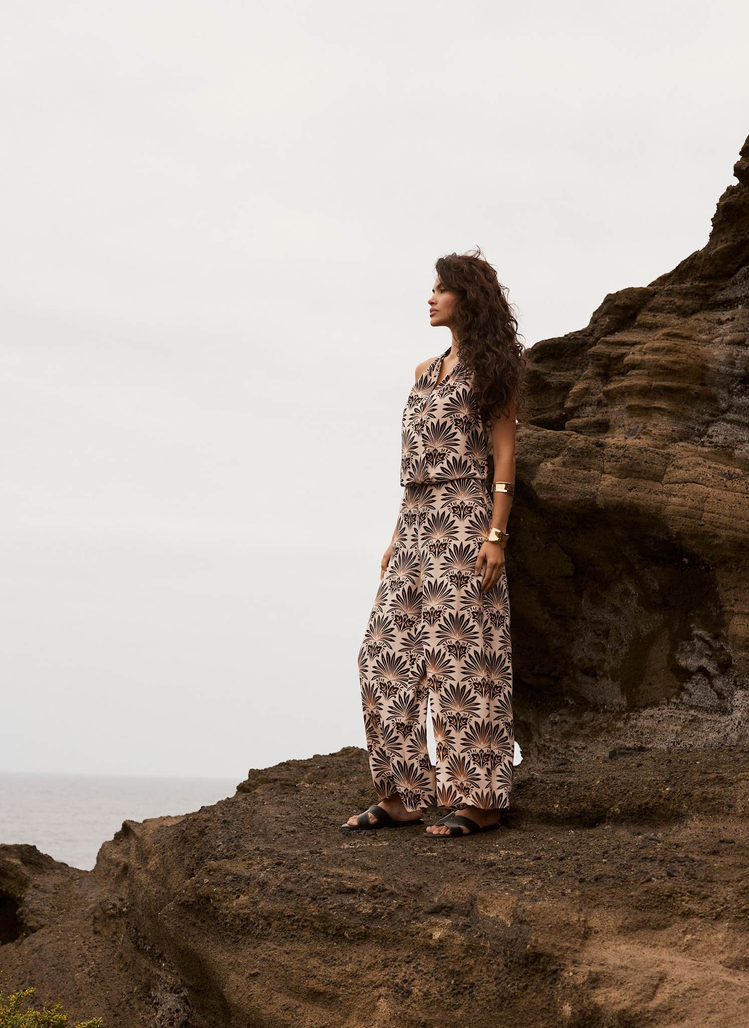 Neutral Satin Geo Print Wide Leg Trousers