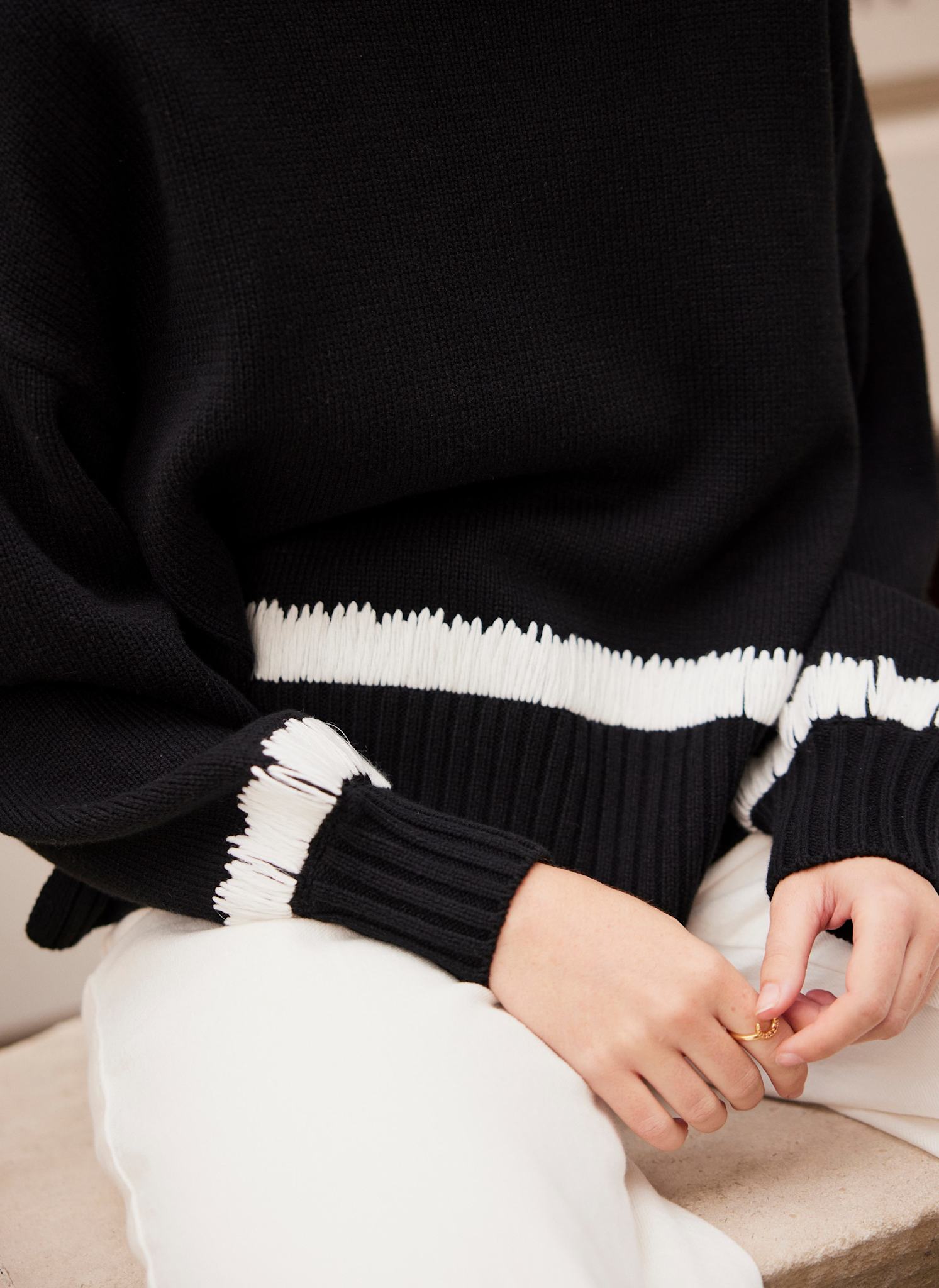 Black Cotton Blend Contrast Detail Jumper